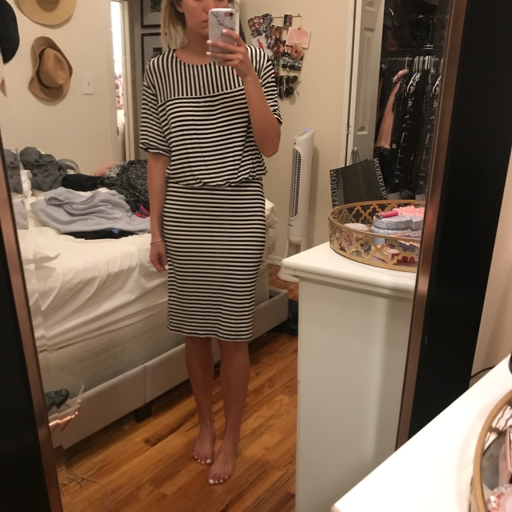 Boohoo black & white stripped cotton midi dress